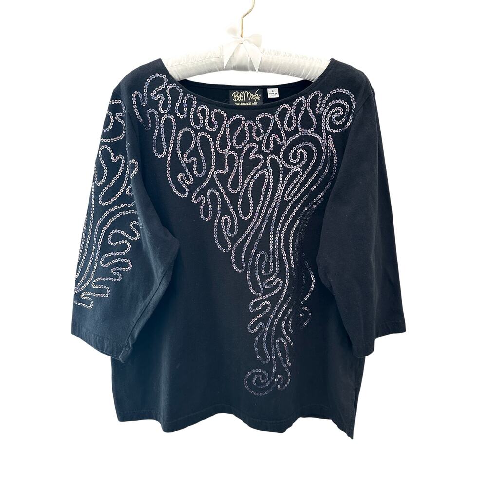 BOB MACKIE | Wearable Art Black Sequin Embellished 3/4 Sleeve Top Glam Large